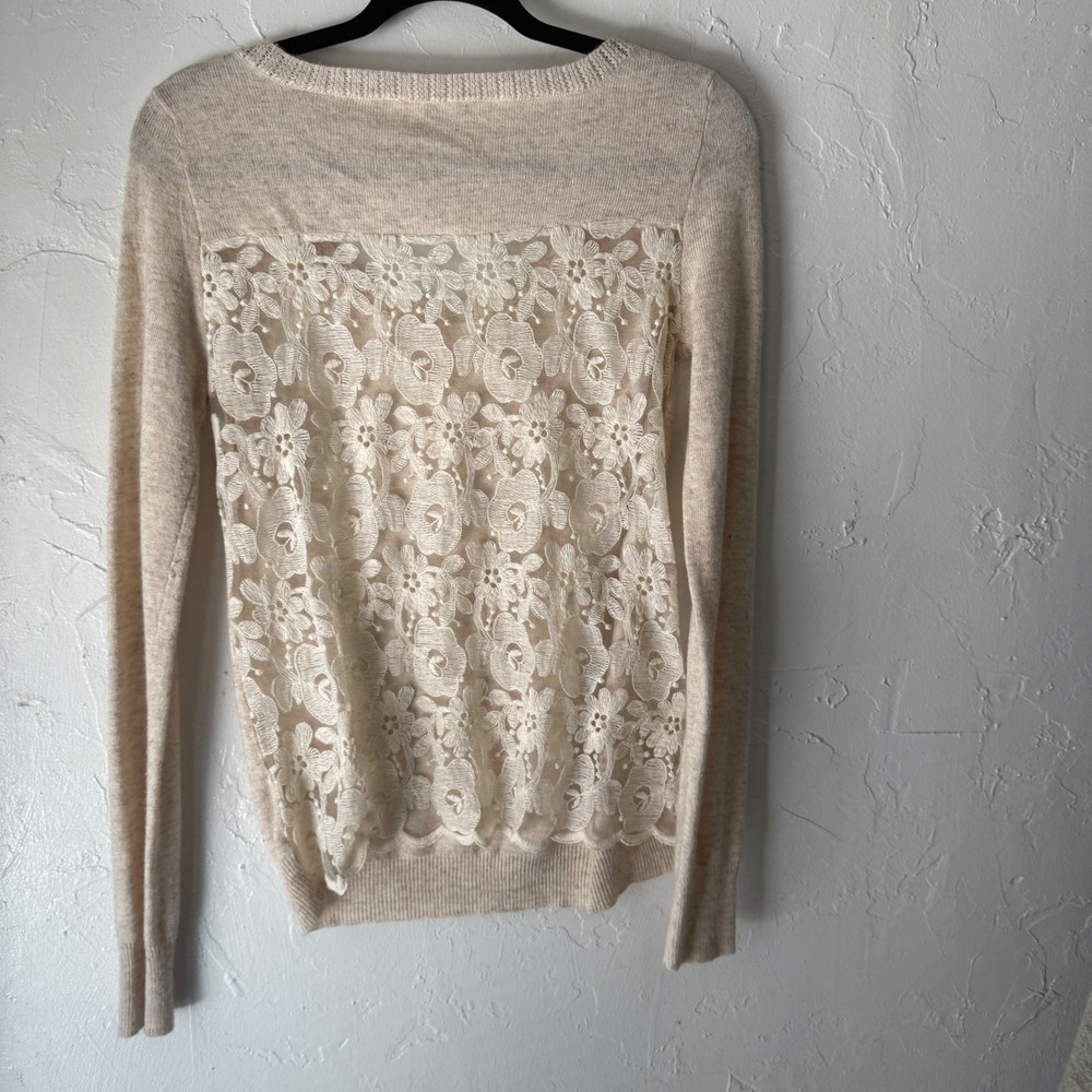 Hem & Thread Women's Lace Sweater S/M Angora Blend Beige Casual Knit Top Cottage